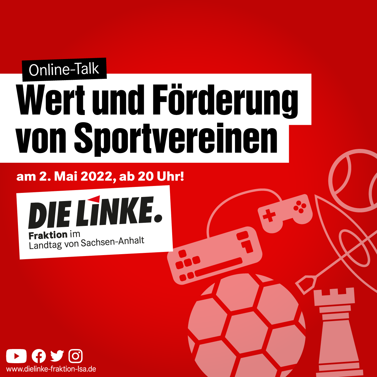 Die Fraktion DIE LINKE führt seit Anfang des Jahres regelmäßige Montagsgespräche zu unterschiedlichen fachlichen Themenbereichen durch. Am 2. Mai 2022, geht es uns dabei um die Situation der Sportvereine. 