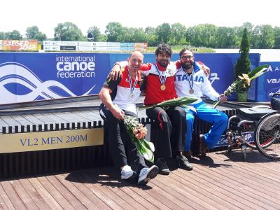Die Medaillengewinner im VL2-Weltcup von Szeged 2017 (v. l.): Ivo Kilian, Markus Mendy Swoboda (AUT) und Giuseppe Di Lelio (ITA)